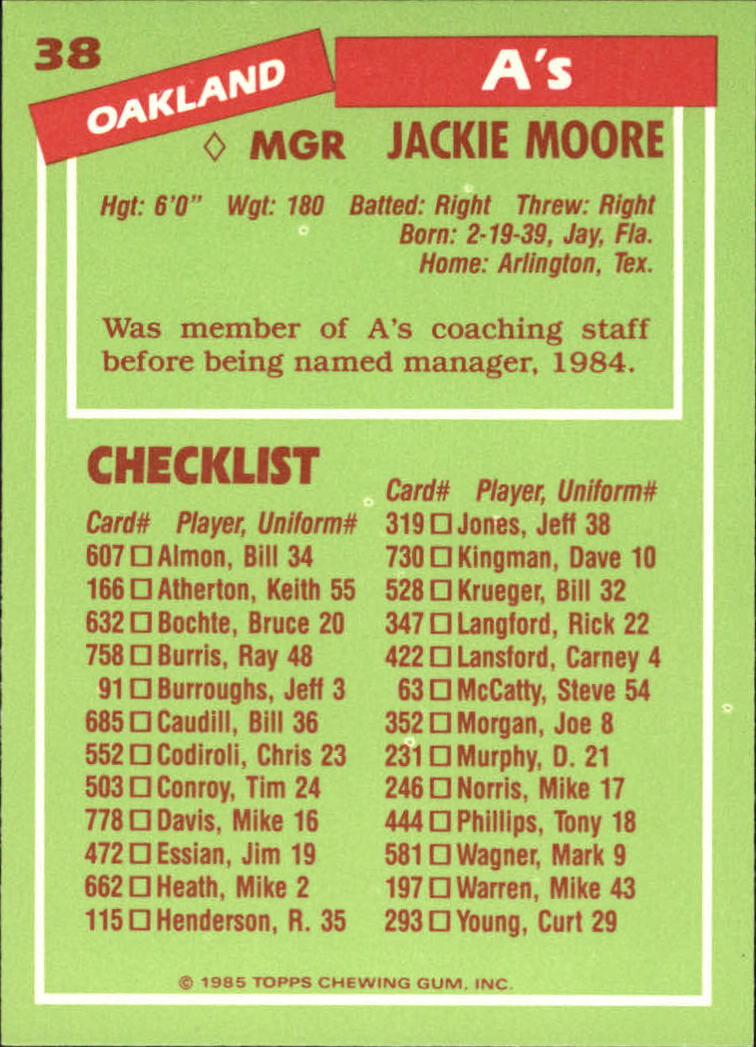 1985 Topps Tiffany #38 Jackie Moore MG/(Checklist back) back image