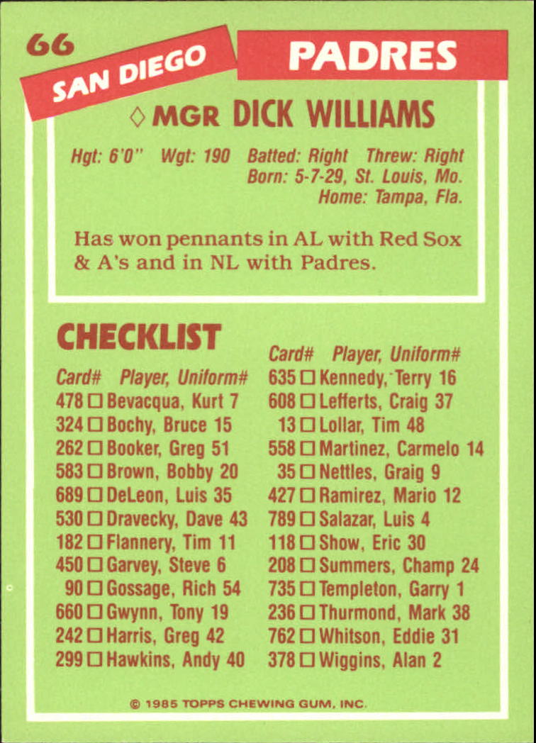 1985 Topps Tiffany #66 Dick Williams MG/(Checklist back) back image