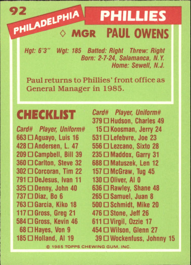 1985 Topps Tiffany #92 Paul Owens MG/(Checklist back) back image