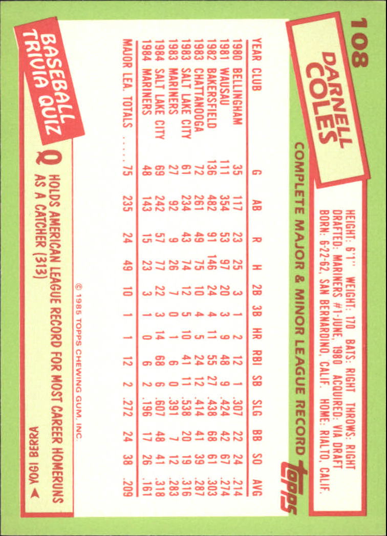1985 Topps Tiffany #108 Darnell Coles back image