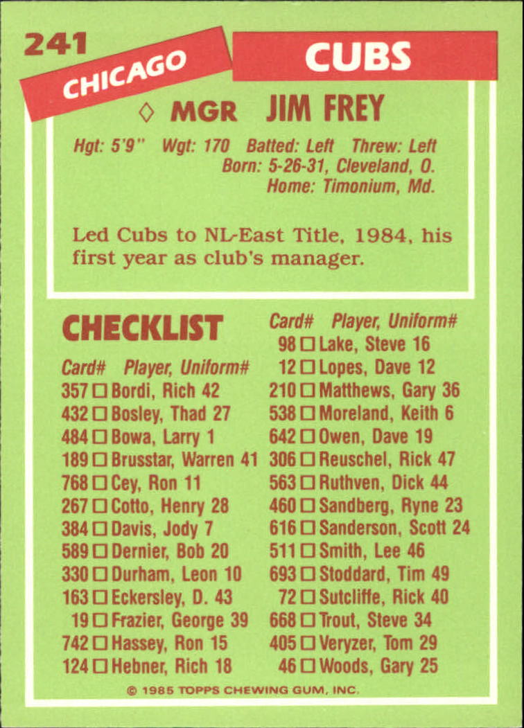 1985 Topps Tiffany #241 Jim Frey MG/(Checklist back) back image