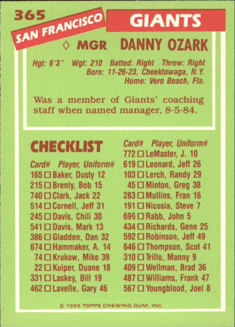1985 Topps Tiffany #365 Danny Ozark MG/(Checklist back) back image