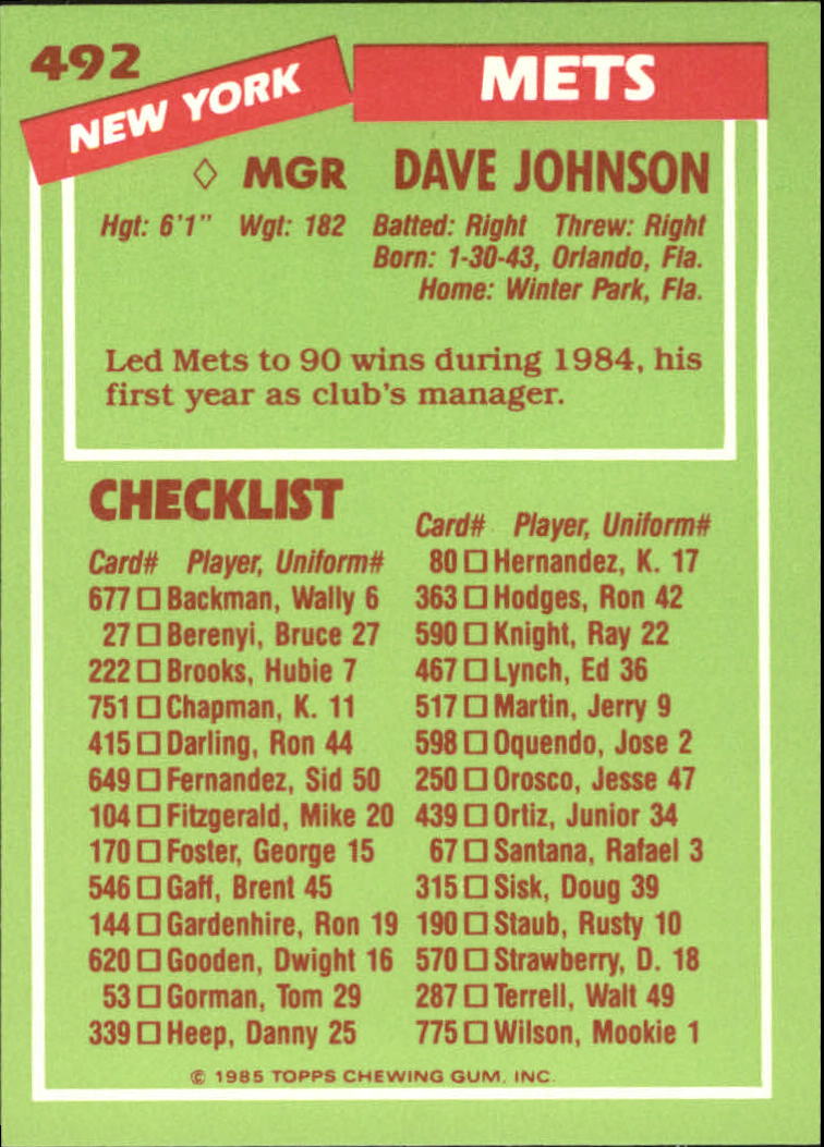 1985 Topps Tiffany #492 Dave Johnson MG/(Checklist back) back image