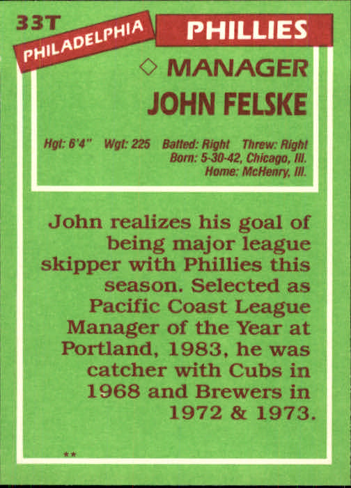 1985 Topps Traded #33T John Felske MG back image