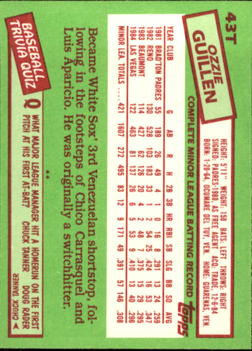 1985 Topps Traded #43T Ozzie Guillen XRC back image