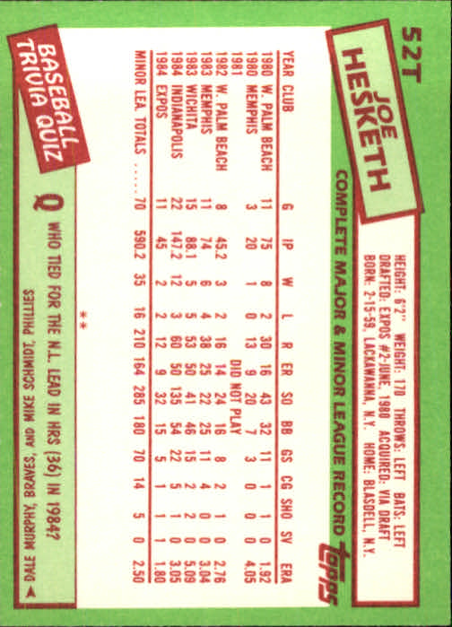 1985 Topps Traded #52T Joe Hesketh back image