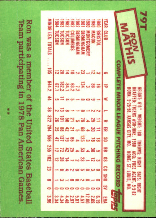 1985 Topps Traded #79T Ron Mathis back image
