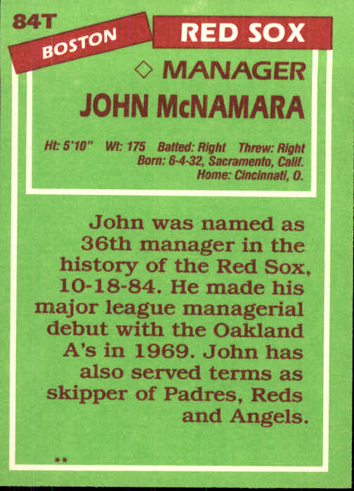 1985 Topps Traded #84T John McNamara MG back image