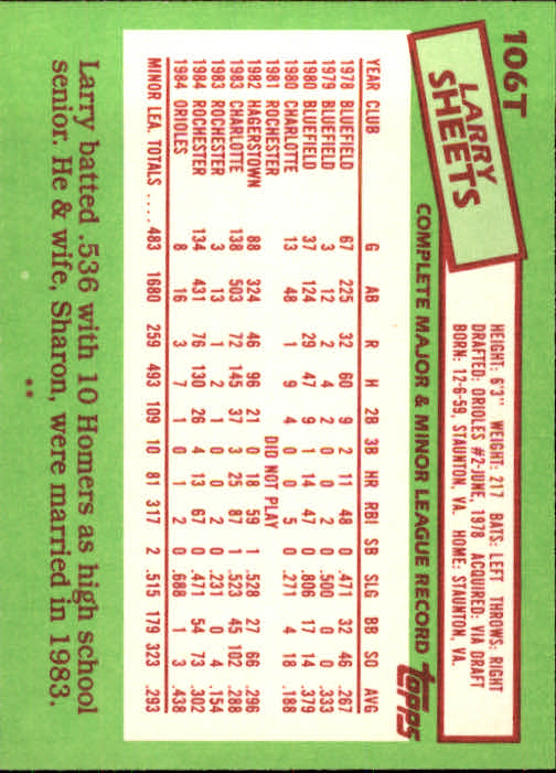 1985 Topps Traded #106T Larry Sheets XRC back image
