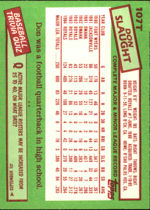 1985 Topps Traded #107T Don Slaught back image