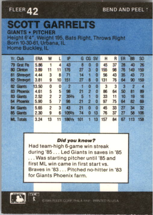 1986 Fleer Star Stickers #42 Scott Garrelts back image