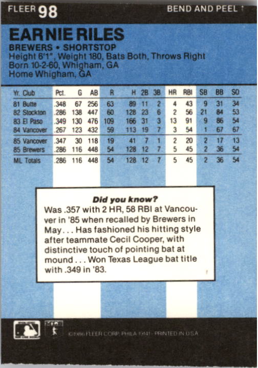 1986 Fleer Star Stickers Baseball - Picture 197 of 265
