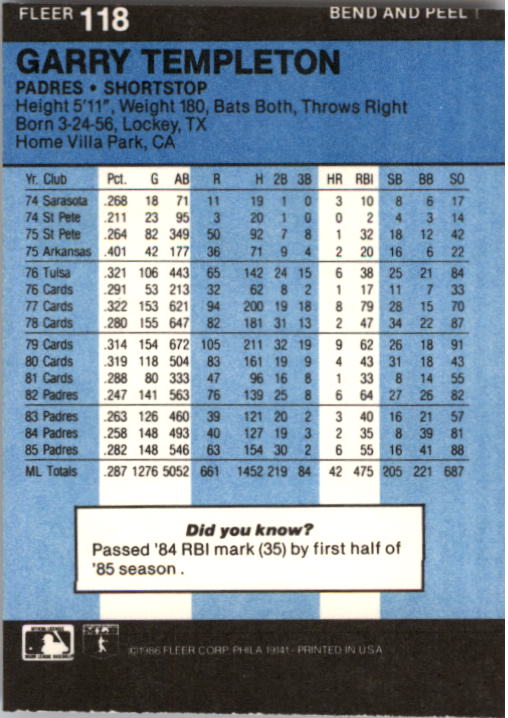 1986 Fleer Star Stickers Baseball - Picture 237 of 265