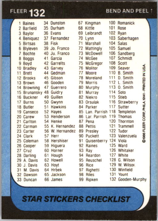1986 Fleer Star Stickers Baseball - Picture 265 of 265