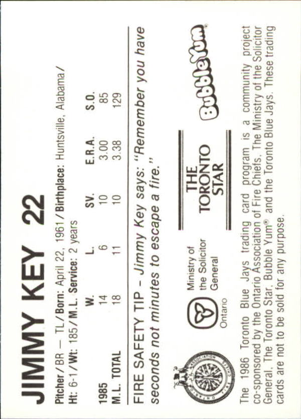 1986 Blue Jays Fire Safety #20 Jimmy Key back image