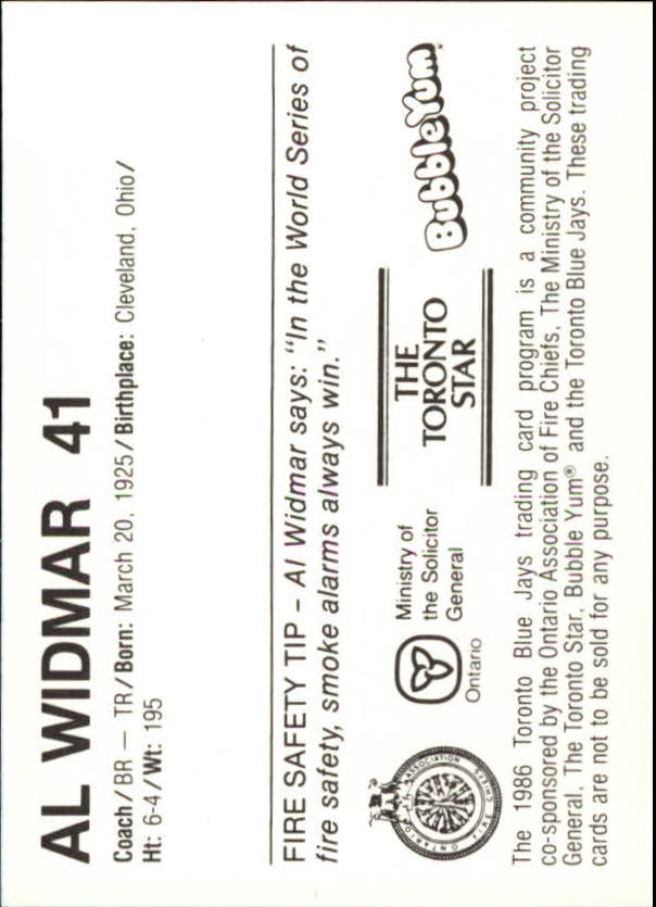 1988 Blue Jays Fire Safety - Al Widmar #41 / #33 (Pitching…