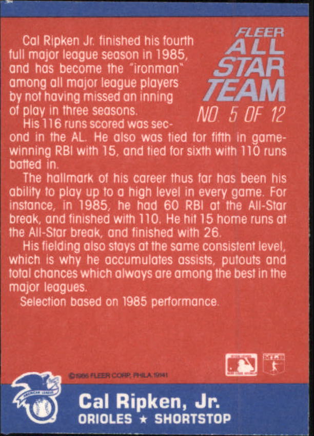 1986 Fleer All-Stars #5 Cal Ripken back image