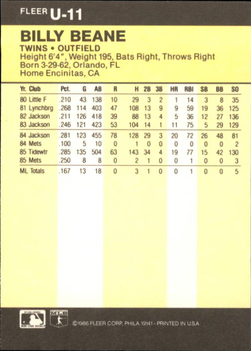 1986 Fleer Update #U11 Billy Beane XRC back image