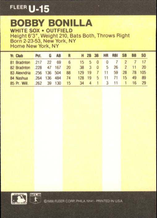 1986 Fleer Update #U15 Bobby Bonilla XRC back image