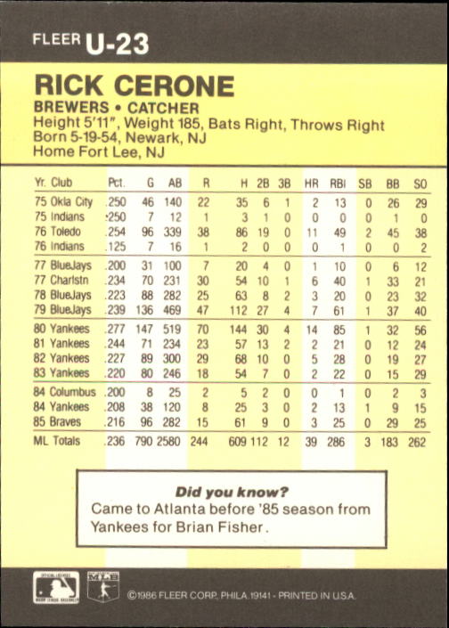 1986 Fleer Update Baseball "Main Set" Cards #U1 to #U132 - Picture 47 of 265