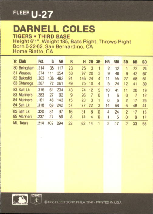 1986 Fleer Update Baseball "Main Set" Cards #U1 to #U132 - Picture 55 of 265