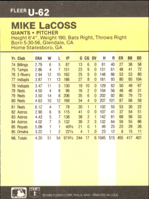 1986 Fleer Update Baseball "Main Set" Cards #U1 to #U132 - Picture 125 of 265