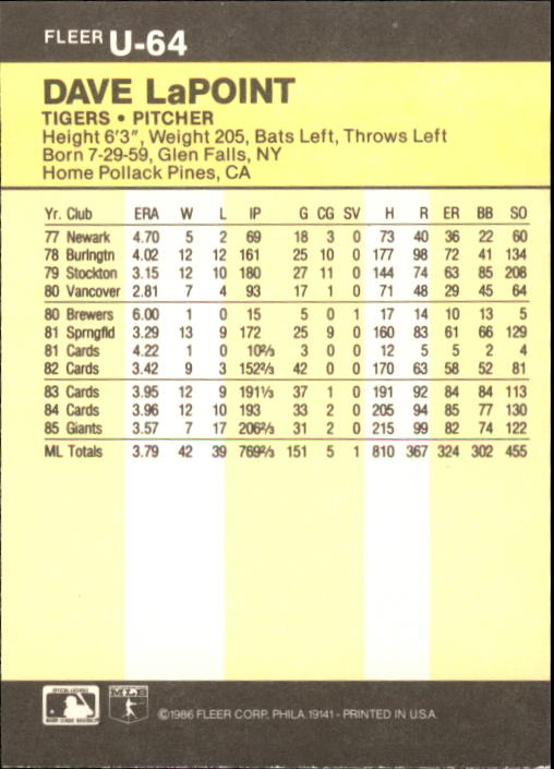 1986 Fleer Update Baseball "Main Set" Cards #U1 to #U132 - Picture 129 of 265