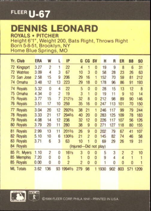 1986 Fleer Update Baseball "Main Set" Cards #U1 to #U132 - Picture 135 of 265