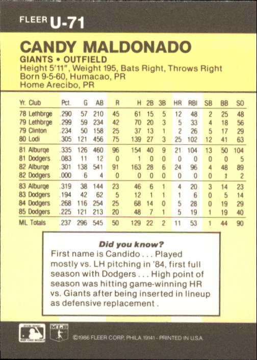 1986 Fleer Update Baseball "Main Set" Cards #U1 to #U132 - Picture 143 of 265