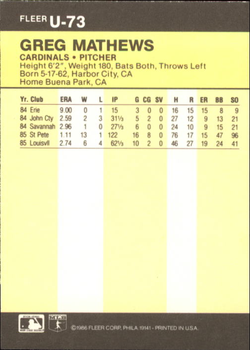 1986 Fleer Update Baseball "Main Set" Cards #U1 to #U132 - Picture 147 of 265