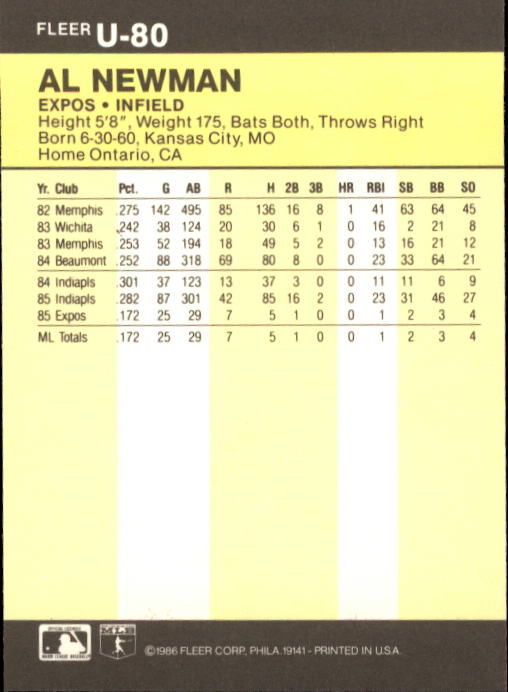 1986 Fleer Update #U80 Al Newman XRC back image