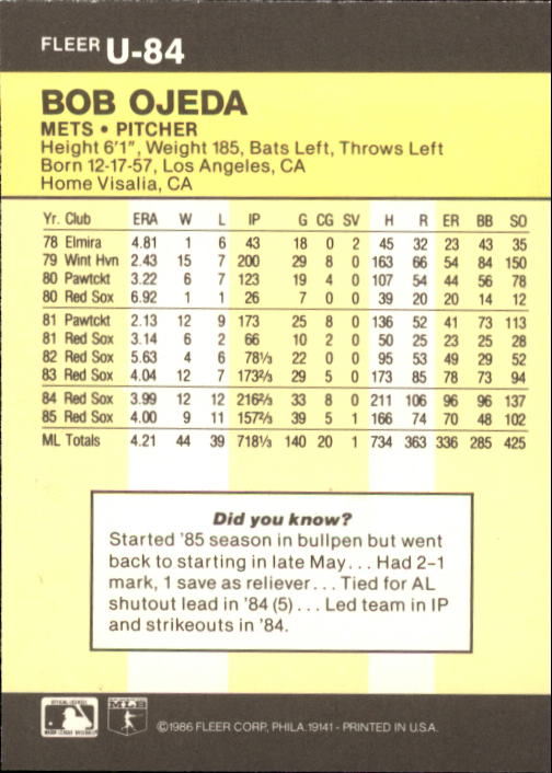 1986 Fleer Update Baseball "Main Set" Cards #U1 to #U132 - Picture 169 of 265