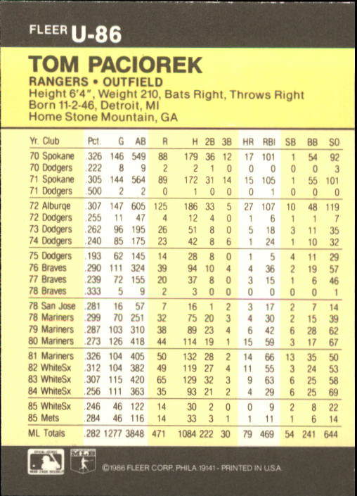 1986 Fleer Update Baseball "Main Set" Cards #U1 to #U132 - Picture 173 of 265