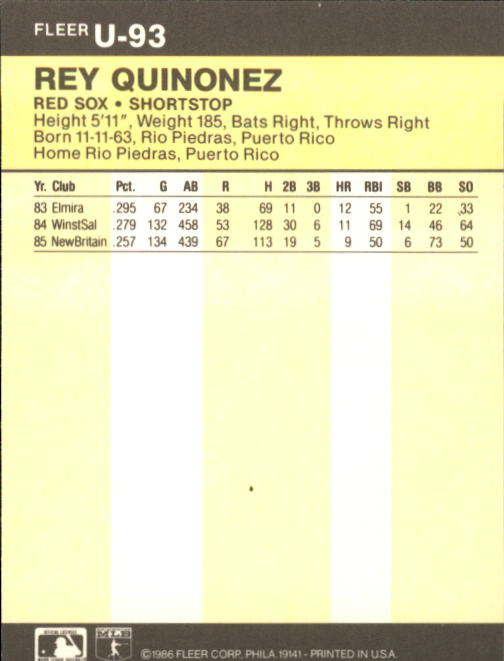 1986 Fleer Update #U93 Rey Quinones UER/(Misspelled Quinonez) back image
