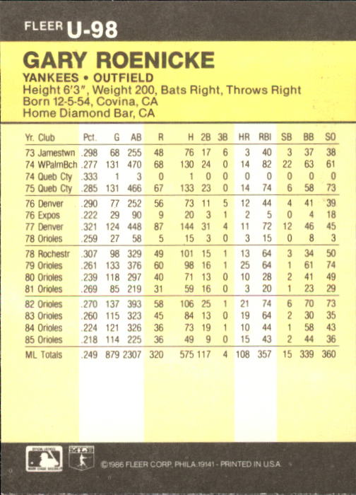 1986 Fleer Update Baseball "Main Set" Cards #U1 to #U132 - Picture 197 of 265