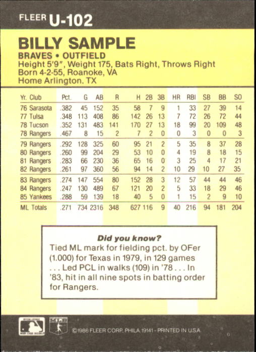 1986 Fleer Update Baseball "Main Set" Cards #U1 to #U132 - Picture 205 of 265