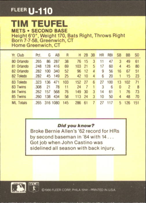 1986 Fleer Update Baseball "Main Set" Cards #U1 to #U132 - Picture 221 of 265