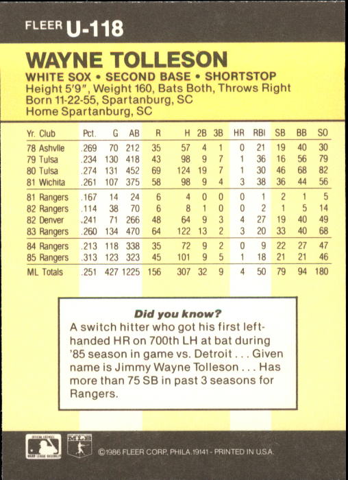 1986 Fleer Update Baseball "Main Set" Cards #U1 to #U132 - Picture 237 of 265