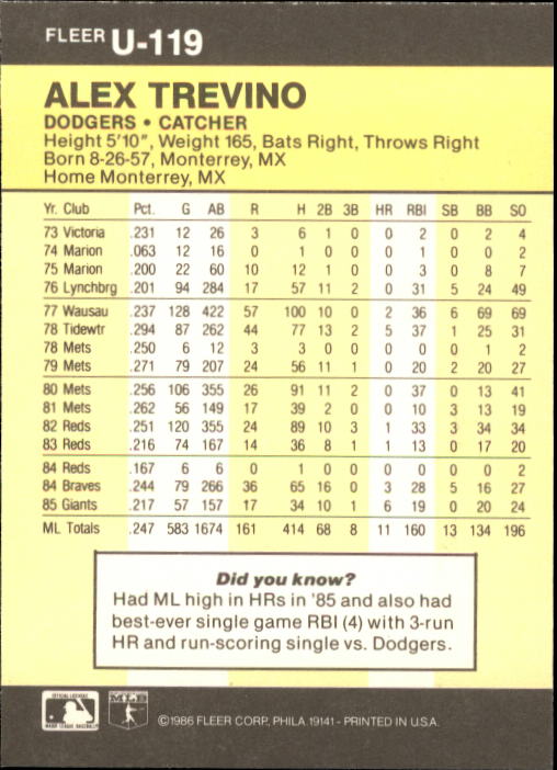 1986 Fleer Update Baseball "Main Set" Cards #U1 to #U132 - Picture 239 of 265