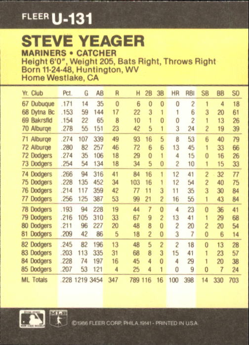 1986 Fleer Update Baseball "Main Set" Cards #U1 to #U132 - Picture 263 of 265
