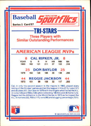 1986 Sportflics #57 AL MVP's Ripken/Reggie back image
