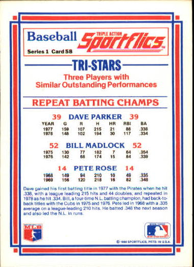 1986 Sportflics #58 Batting Champs Pete Rose back image