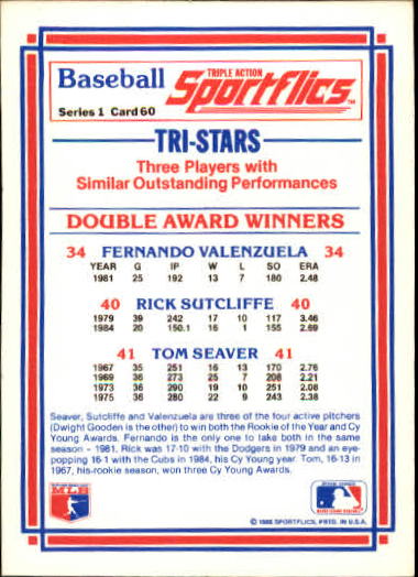 1986 Sportflics #60 DAW Valen/Sutcliffe/Seaver back image