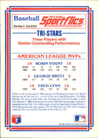 1986 Sportflics #63 AL MVP's Yount/Brett back image