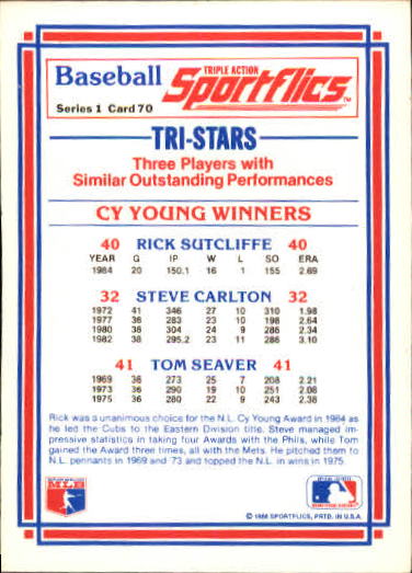 1986 Sportflics #70 Cy Young Winners Carlton/Seaver back image