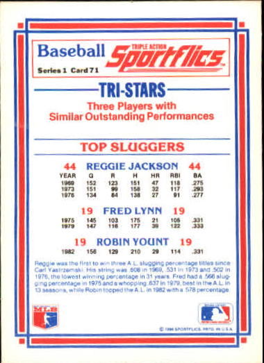 1986 Sportflics #71 Top Sluggers Jackson/Yount back image