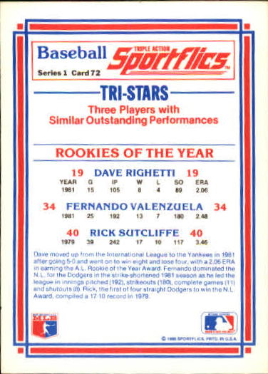 1986 Sportflics #72 ROY Righetti/Fernando back image