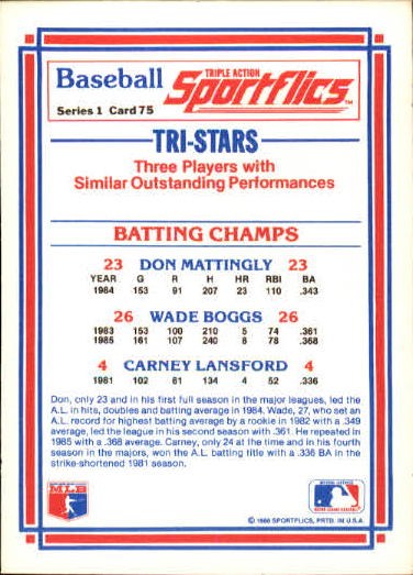 1986 Sportflics #75 Btg Champs Mattingly/Boggs back image