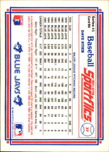 1986 Sportflics #96 Dave Stieb back image