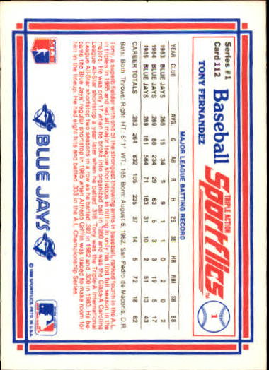 1986 Sportflics #112 Tony Fernandez back image